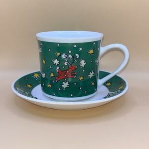 Vintage Gibson Everyday Christmas Treasures Cup and Saucer‎ w/ Reindeer & Holly